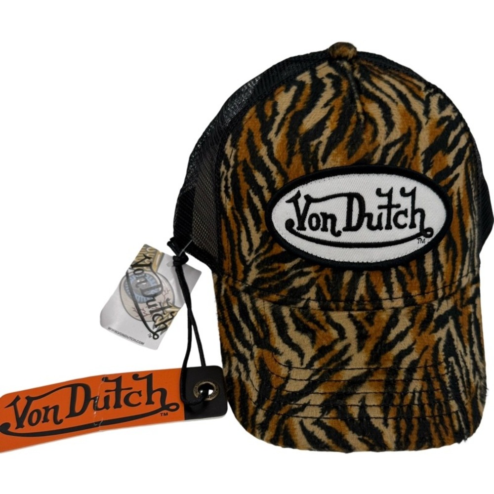 VON DUTCH NEW One Size Trucker Hat Brown Tiger Print Faux Fur Y2K VDHH0028 - Picture 1 of 13